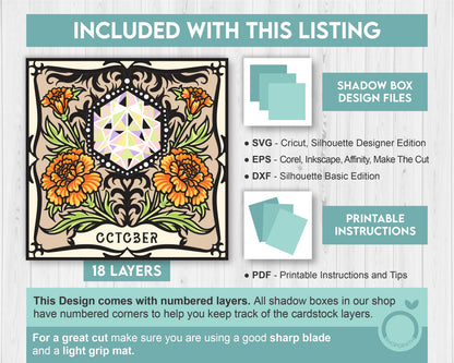 October Shadow Box 3D SVG Birth Month Opal Gemstone with Marigold Flowers, Tattoo Style, Cricut Silhouette With DXF Layered Cutting Files