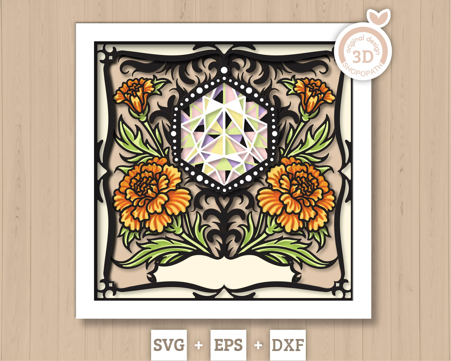 October Shadow Box 3D SVG Birth Month Opal Gemstone with Marigold Flowers, Tattoo Style, Cricut Silhouette With DXF Layered Cutting Files