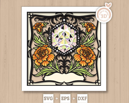October Shadow Box 3D SVG Birth Month Opal Gemstone with Marigold Flowers, Tattoo Style, Cricut Silhouette With DXF Layered Cutting Files