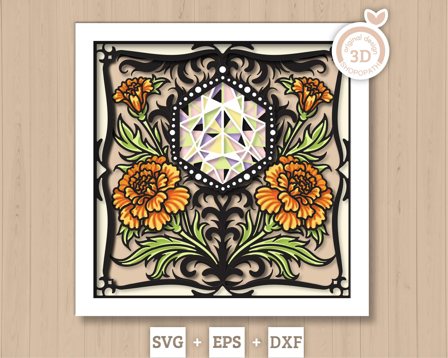 October Shadow Box 3D SVG Birth Month Opal Gemstone with Marigold Flowers, Tattoo Style, Cricut Silhouette With DXF Layered Cutting Files