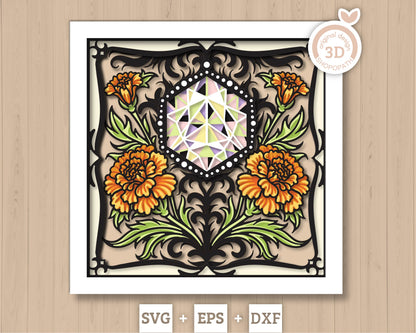 October Shadow Box 3D SVG Birth Month Opal Gemstone with Marigold Flowers, Tattoo Style, Cricut Silhouette With DXF Layered Cutting Files
