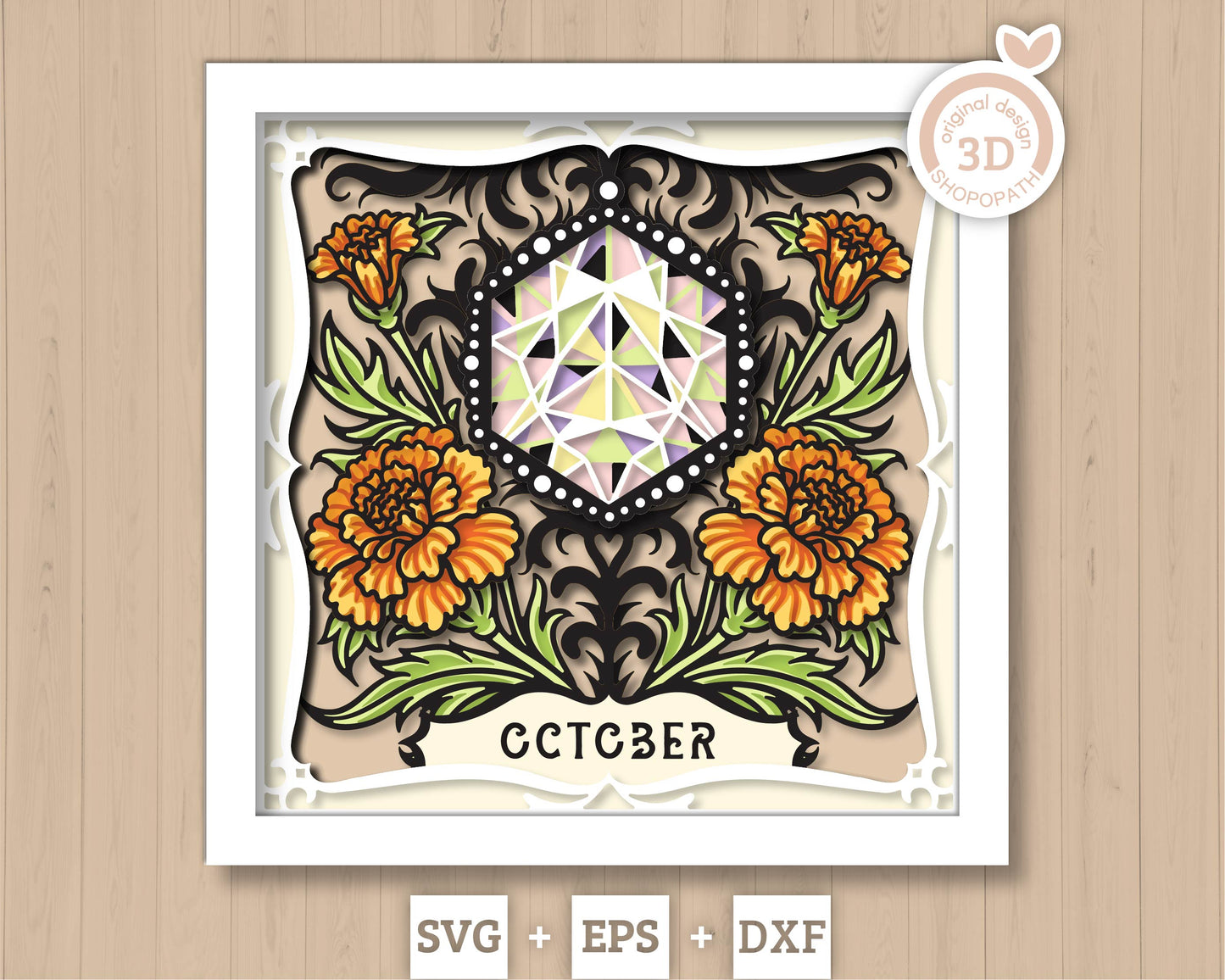October Shadow Box 3D SVG Birth Month Opal Gemstone with Marigold Flowers, Tattoo Style, Cricut Silhouette With DXF Layered Cutting Files