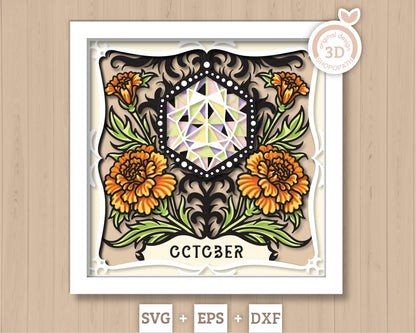 October Shadow Box 3D SVG Birth Month Opal Gemstone with Marigold Flowers, Tattoo Style, Cricut Silhouette With DXF Layered Cutting Files
