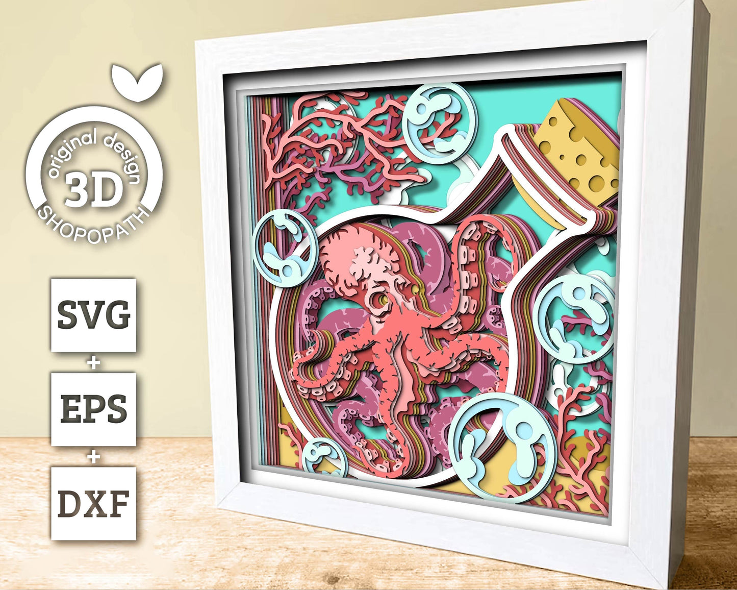 3D SVG Octopus In Bottle With Coral Reef Shadow Box, Octopus 3D Svg, Coral Reef 3d Svg, Under The Sea 3D svg Summer 3d Svg Cricut Silhouette