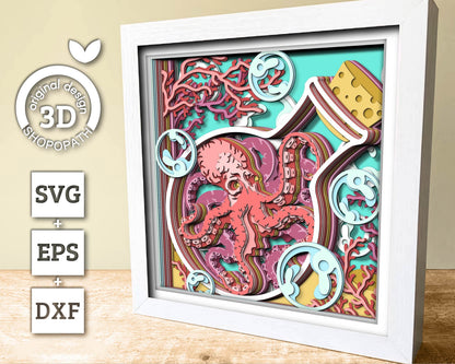 3D SVG Octopus In Bottle With Coral Reef Shadow Box, Octopus 3D Svg, Coral Reef 3d Svg, Under The Sea 3D svg Summer 3d Svg Cricut Silhouette