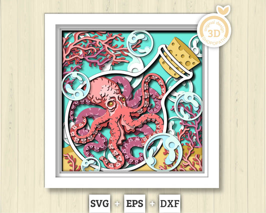 3D SVG Octopus In Bottle With Coral Reef Shadow Box, Octopus 3D Svg, Coral Reef 3d Svg, Under The Sea 3D svg Summer 3d Svg Cricut Silhouette