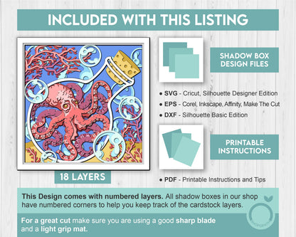 3D SVG Octopus In Bottle With Coral Reef Shadow Box, Octopus 3D Svg, Coral Reef 3d Svg, Under The Sea 3D svg Summer 3d Svg Cricut Silhouette
