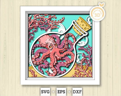 3D SVG Octopus In Bottle With Coral Reef Shadow Box, Octopus 3D Svg, Coral Reef 3d Svg, Under The Sea 3D svg Summer 3d Svg Cricut Silhouette