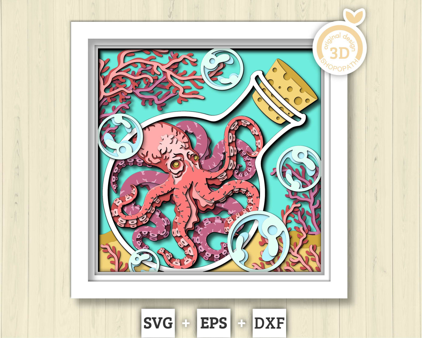 3D SVG Octopus In Bottle With Coral Reef Shadow Box, Octopus 3D Svg, Coral Reef 3d Svg, Under The Sea 3D svg Summer 3d Svg Cricut Silhouette