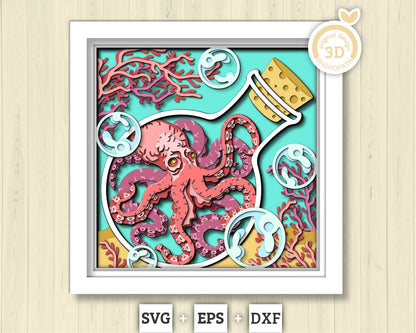3D SVG Octopus In Bottle With Coral Reef Shadow Box, Octopus 3D Svg, Coral Reef 3d Svg, Under The Sea 3D svg Summer 3d Svg Cricut Silhouette