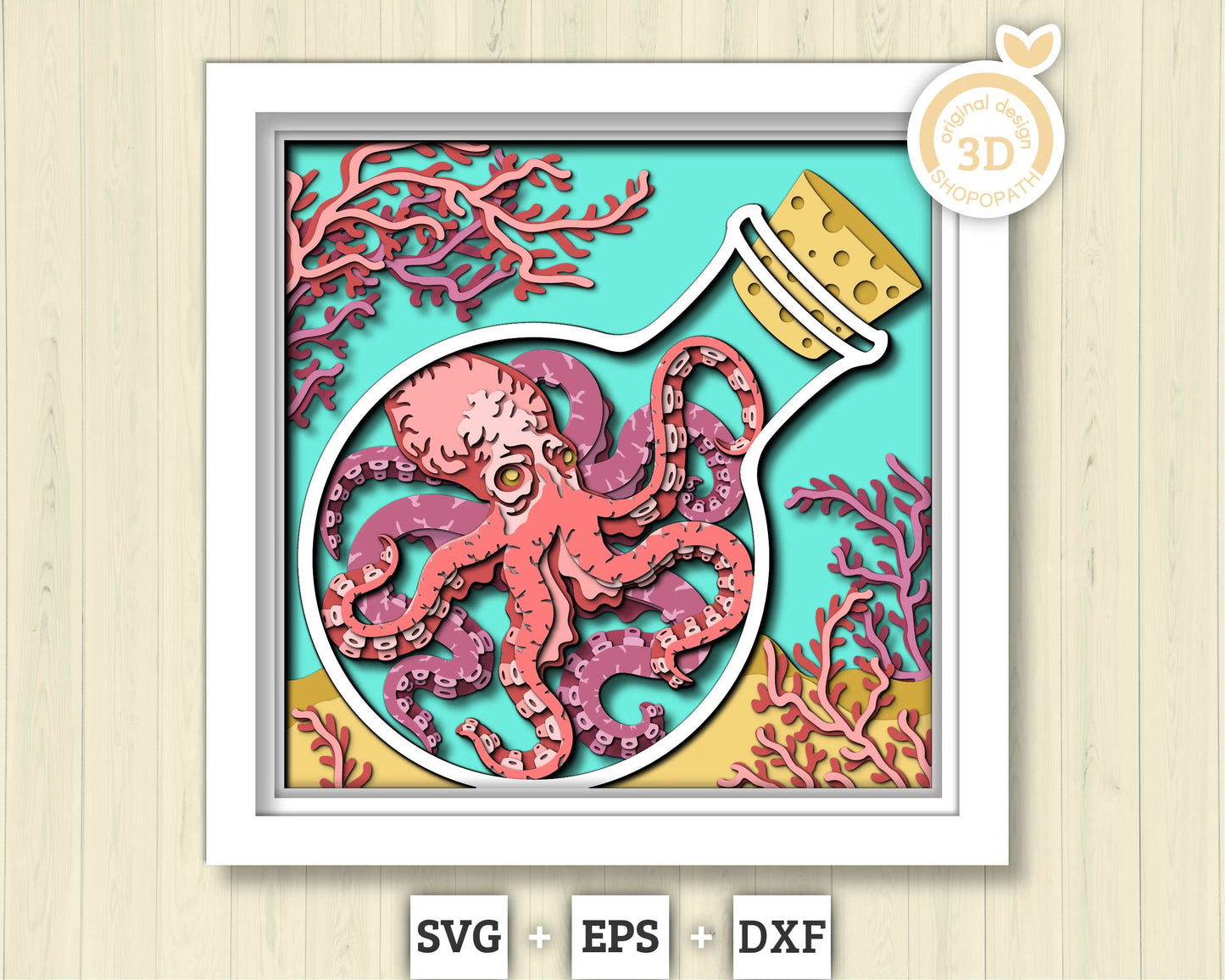 3D SVG Octopus In Bottle With Coral Reef Shadow Box, Octopus 3D Svg, Coral Reef 3d Svg, Under The Sea 3D svg Summer 3d Svg Cricut Silhouette