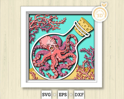 3D SVG Octopus In Bottle With Coral Reef Shadow Box, Octopus 3D Svg, Coral Reef 3d Svg, Under The Sea 3D svg Summer 3d Svg Cricut Silhouette