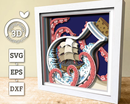 3D SVG Sailing Ship In Bottle With Octopus Tentacles Shadow Box, Ship 3D Svg, Octopus 3d Svg, Sea 3D svg, Summer 3d Svg,  Cricut Silhouette