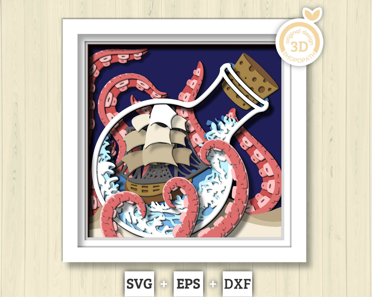 3D SVG Sailing Ship In Bottle With Octopus Tentacles Shadow Box, Ship 3D Svg, Octopus 3d Svg, Sea 3D svg, Summer 3d Svg,  Cricut Silhouette