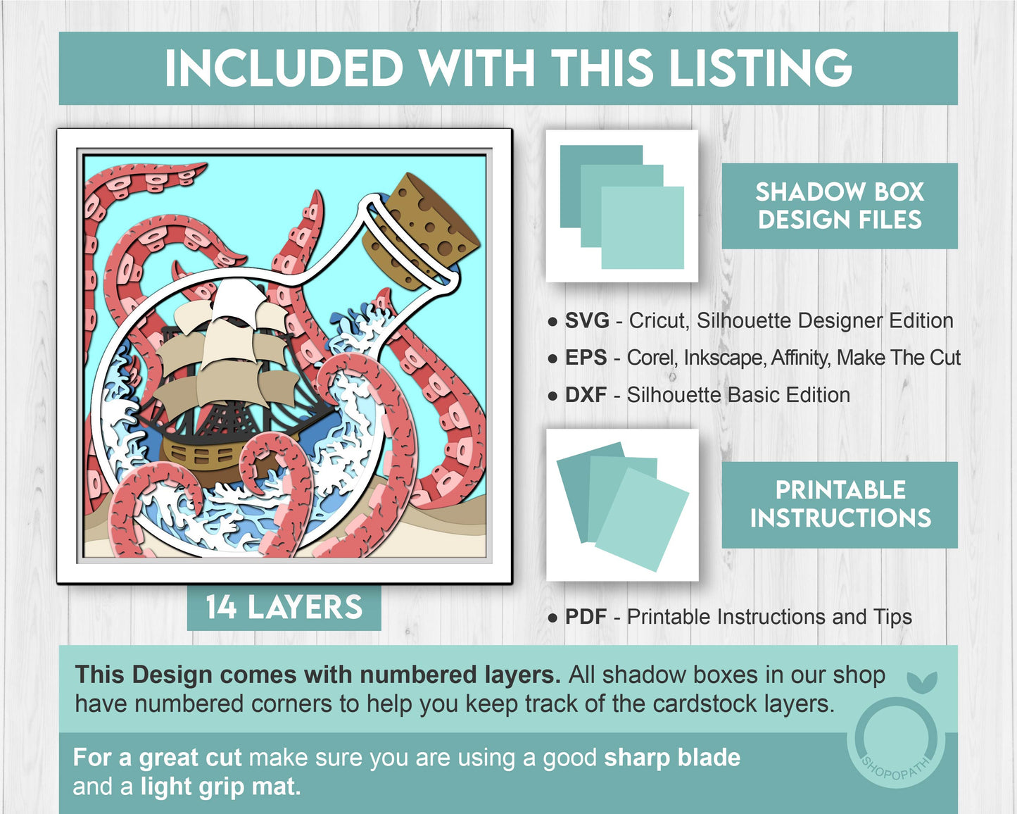 3D SVG Sailing Ship In Bottle With Octopus Tentacles Shadow Box, Ship 3D Svg, Octopus 3d Svg, Sea 3D svg, Summer 3d Svg,  Cricut Silhouette