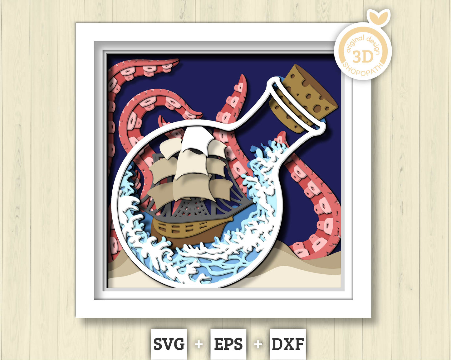 3D SVG Sailing Ship In Bottle With Octopus Tentacles Shadow Box, Ship 3D Svg, Octopus 3d Svg, Sea 3D svg, Summer 3d Svg,  Cricut Silhouette