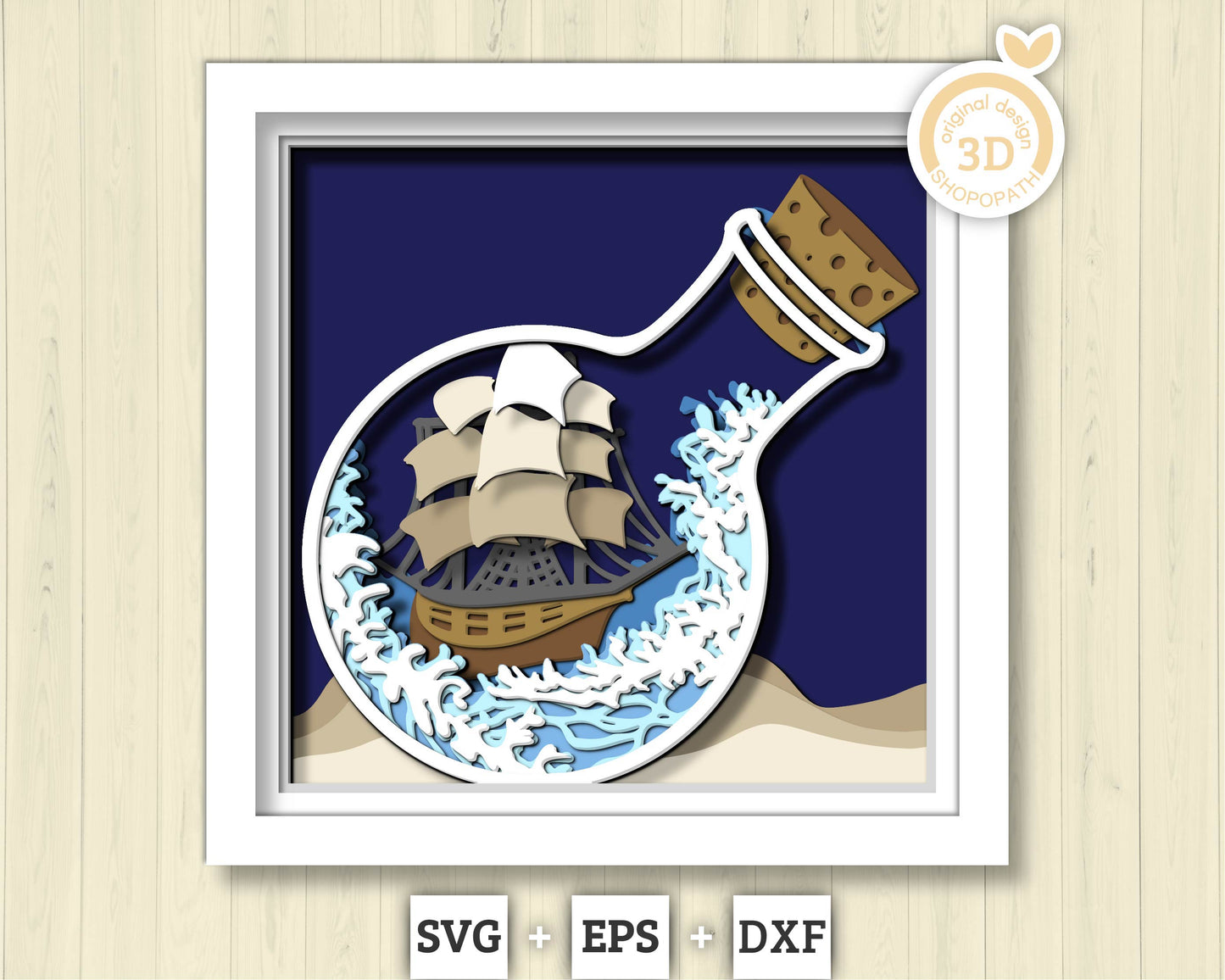 3D SVG Sailing Ship In Bottle With Octopus Tentacles Shadow Box, Ship 3D Svg, Octopus 3d Svg, Sea 3D svg, Summer 3d Svg,  Cricut Silhouette