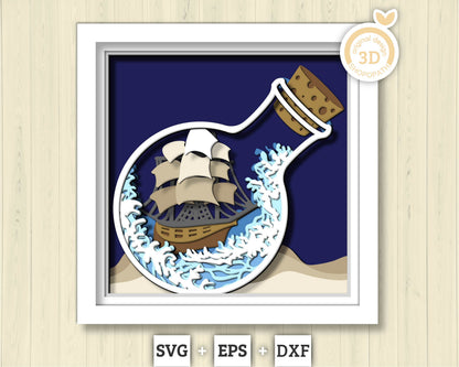 3D SVG Sailing Ship In Bottle With Octopus Tentacles Shadow Box, Ship 3D Svg, Octopus 3d Svg, Sea 3D svg, Summer 3d Svg,  Cricut Silhouette