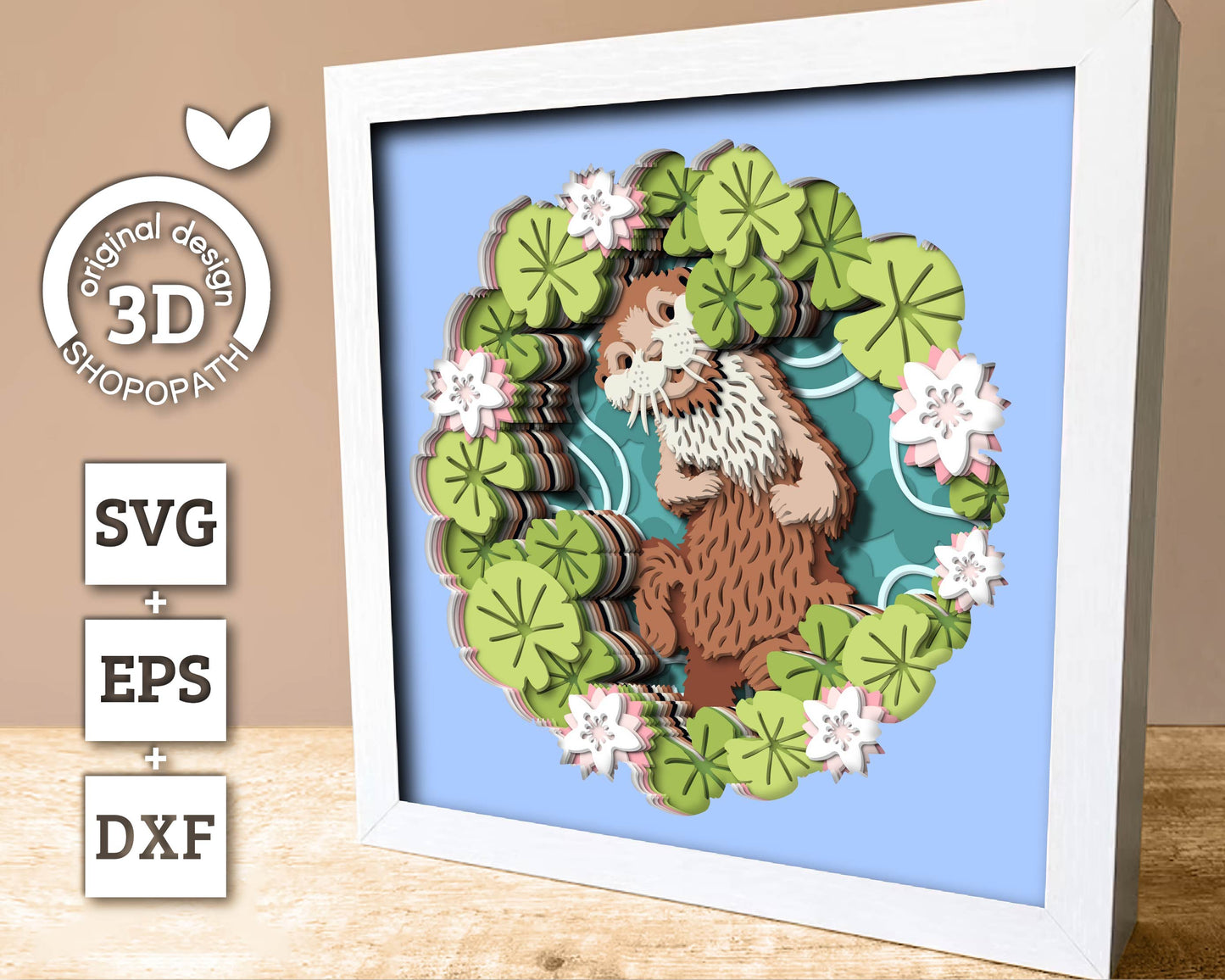3D Otter On Lily Flower Pond Shadow Box SVG, 3D Summer SVG, 3D Otter Svg, 3d Rain SVG, 3d Lotus Flower svg, Pond 3d svg, Cricut Silhouette