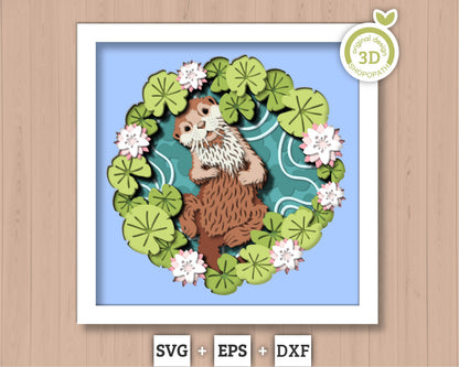 3D Otter On Lily Flower Pond Shadow Box SVG, 3D Summer SVG, 3D Otter Svg, 3d Rain SVG, 3d Lotus Flower svg, Pond 3d svg, Cricut Silhouette