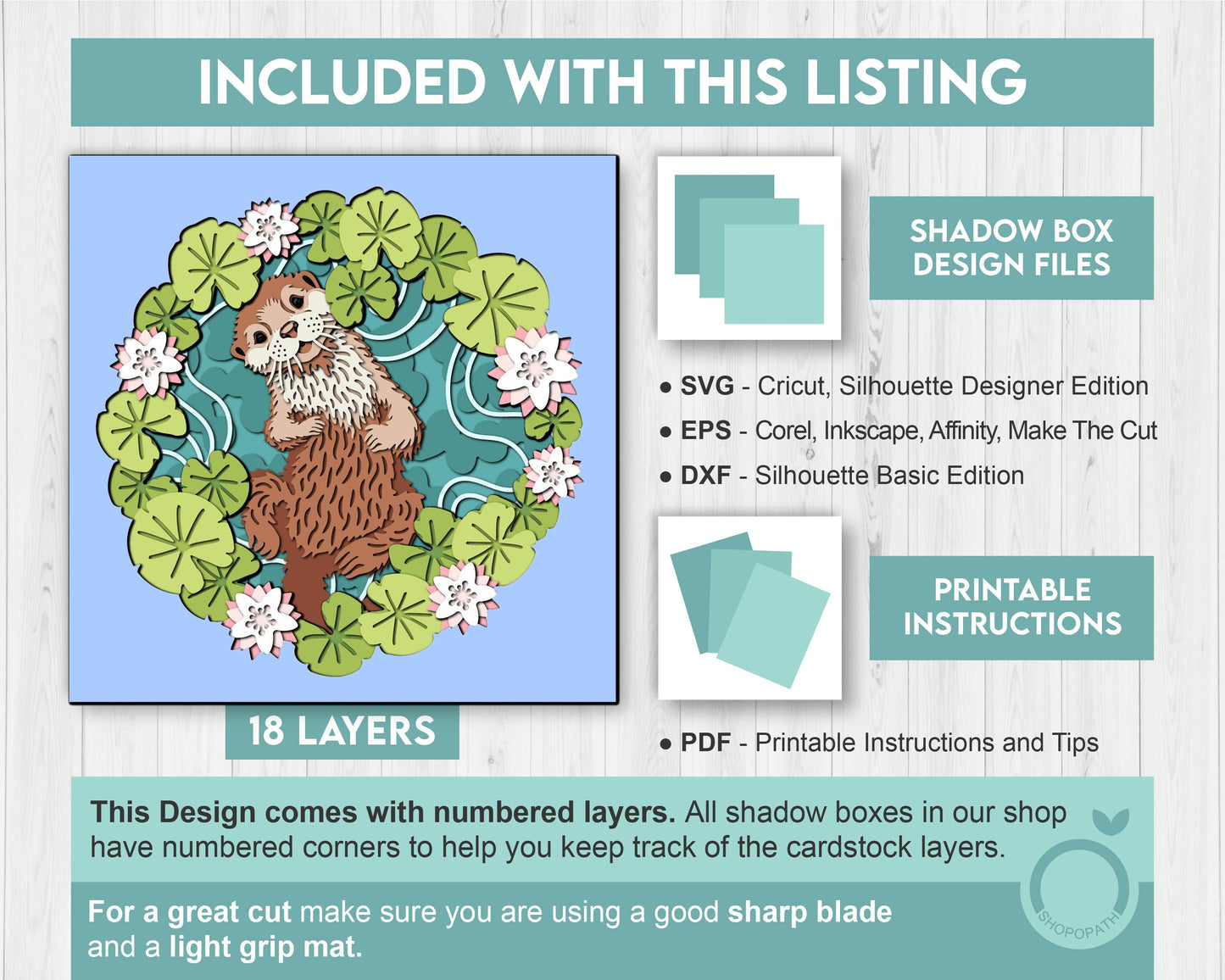 3D Otter On Lily Flower Pond Shadow Box SVG, 3D Summer SVG, 3D Otter Svg, 3d Rain SVG, 3d Lotus Flower svg, Pond 3d svg, Cricut Silhouette