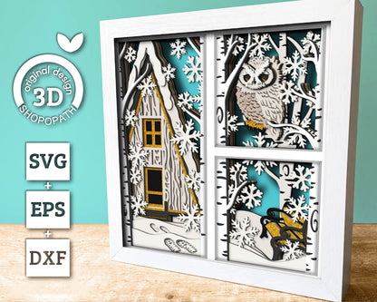 3D SVG Winter Shadow Box, Layered Owl Shadow Box Svg, Snowflakes 3D Svg Birch Forest 3d Svg Christmas Cabin Shadow Box svg Cricut Silhouette