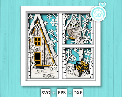 3D SVG Winter Shadow Box, Layered Owl Shadow Box Svg, Snowflakes 3D Svg Birch Forest 3d Svg Christmas Cabin Shadow Box svg Cricut Silhouette