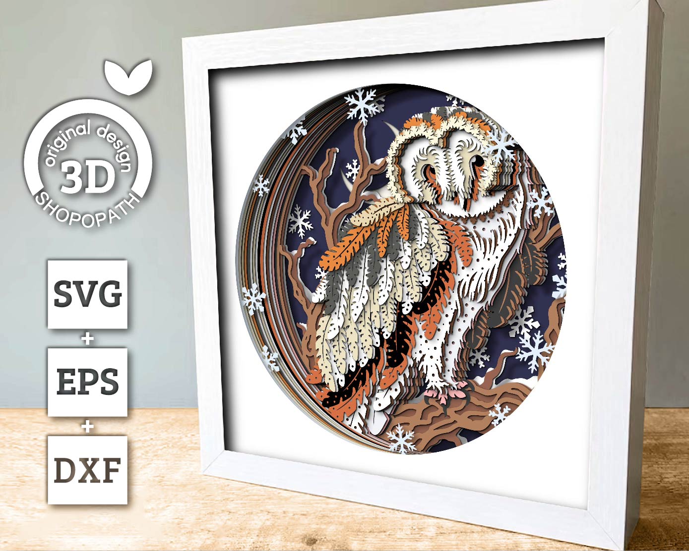3D SVG Barn Owl On A Branch Shadow Box, 3D Winter SVG, 3D Owl Svg, 3d SVG Snowflakes, 3d svg Treetop, Snow 3d svg, Cricut Silhouette