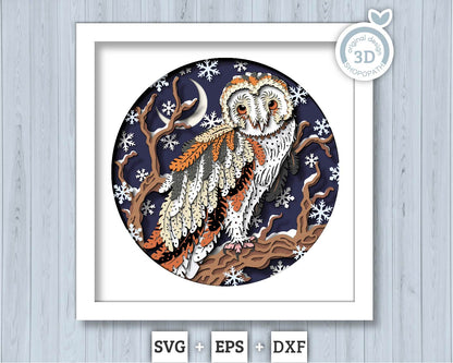 3D SVG Barn Owl On A Branch Shadow Box, 3D Winter SVG, 3D Owl Svg, 3d SVG Snowflakes, 3d svg Treetop, Snow 3d svg, Cricut Silhouette
