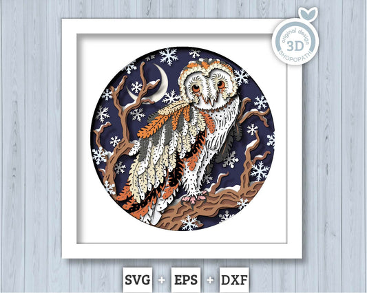 3D SVG Barn Owl On A Branch Shadow Box, 3D Winter SVG, 3D Owl Svg, 3d SVG Snowflakes, 3d svg Treetop, Snow 3d svg, Cricut Silhouette