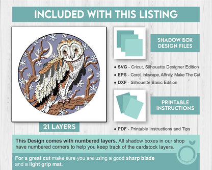 3D SVG Barn Owl On A Branch Shadow Box, 3D Winter SVG, 3D Owl Svg, 3d SVG Snowflakes, 3d svg Treetop, Snow 3d svg, Cricut Silhouette