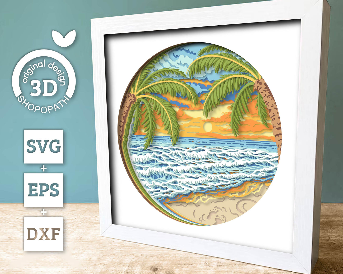 Beach with Palm Trees Round - 3D Shadow Box Layered SVG DXF EPS (Cutting Files)