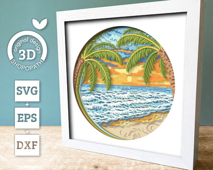 Beach with Palm Trees Round - 3D Shadow Box Layered SVG DXF EPS (Cutting Files)
