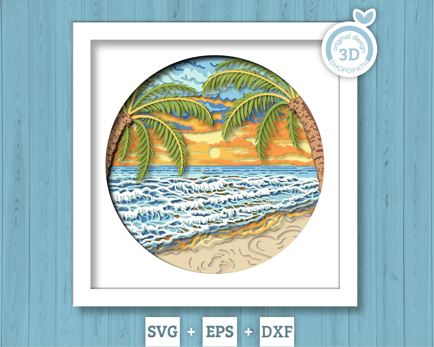 Beach with Palm Trees Round - 3D Shadow Box Layered SVG DXF EPS (Cutting Files)