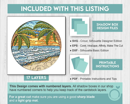 Beach with Palm Trees Round - 3D Shadow Box Layered SVG DXF EPS (Cutting Files)