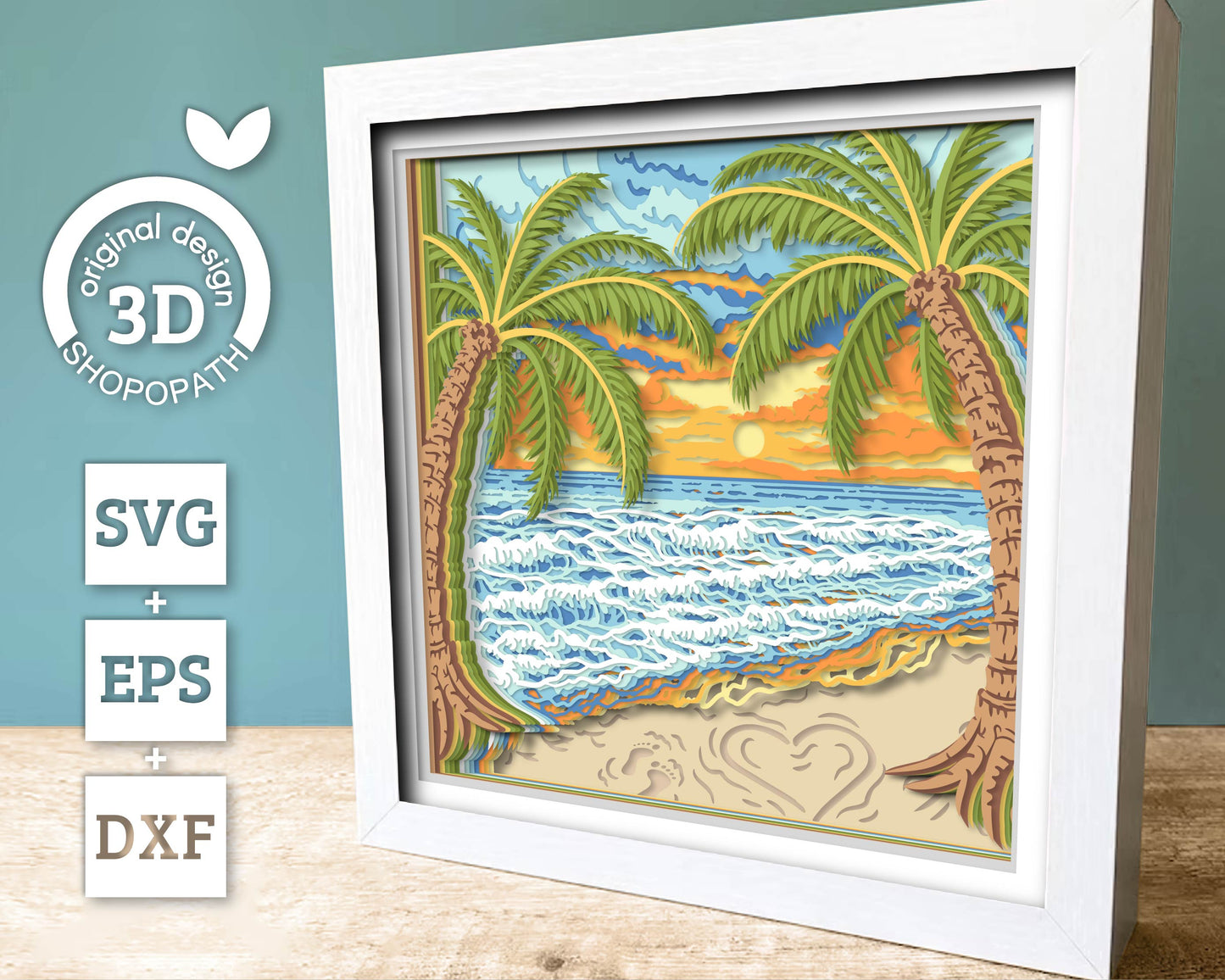 Beach with Palm Trees - 3D Shadow Box Layered SVG DXF EPS (Cutting Files)