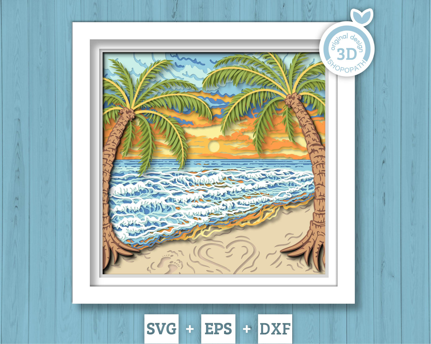 Beach with Palm Trees - 3D Shadow Box Layered SVG DXF EPS (Cutting Files)