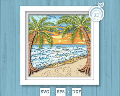 Beach with Palm Trees - 3D Shadow Box Layered SVG DXF EPS (Cutting Files)