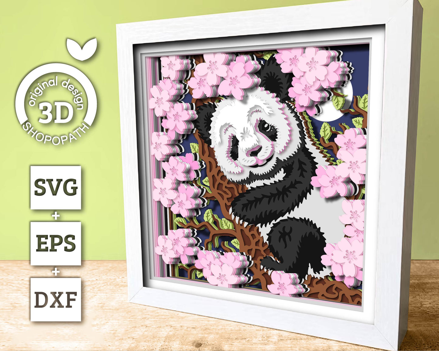 Panda With Cherry Blossom - 3D Shadow Box Layered SVG DXF EPS (Cutting Files)