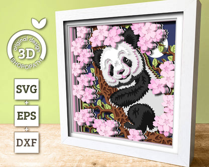 Panda With Cherry Blossom - 3D Shadow Box Layered SVG DXF EPS (Cutting Files)