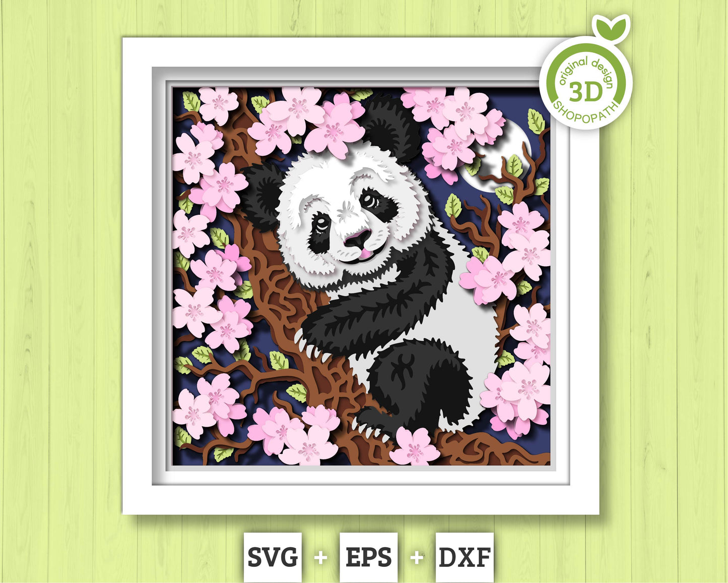 Panda With Cherry Blossom - 3D Shadow Box Layered SVG DXF EPS (Cutting Files)