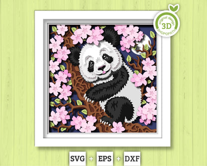 Panda With Cherry Blossom - 3D Shadow Box Layered SVG DXF EPS (Cutting Files)