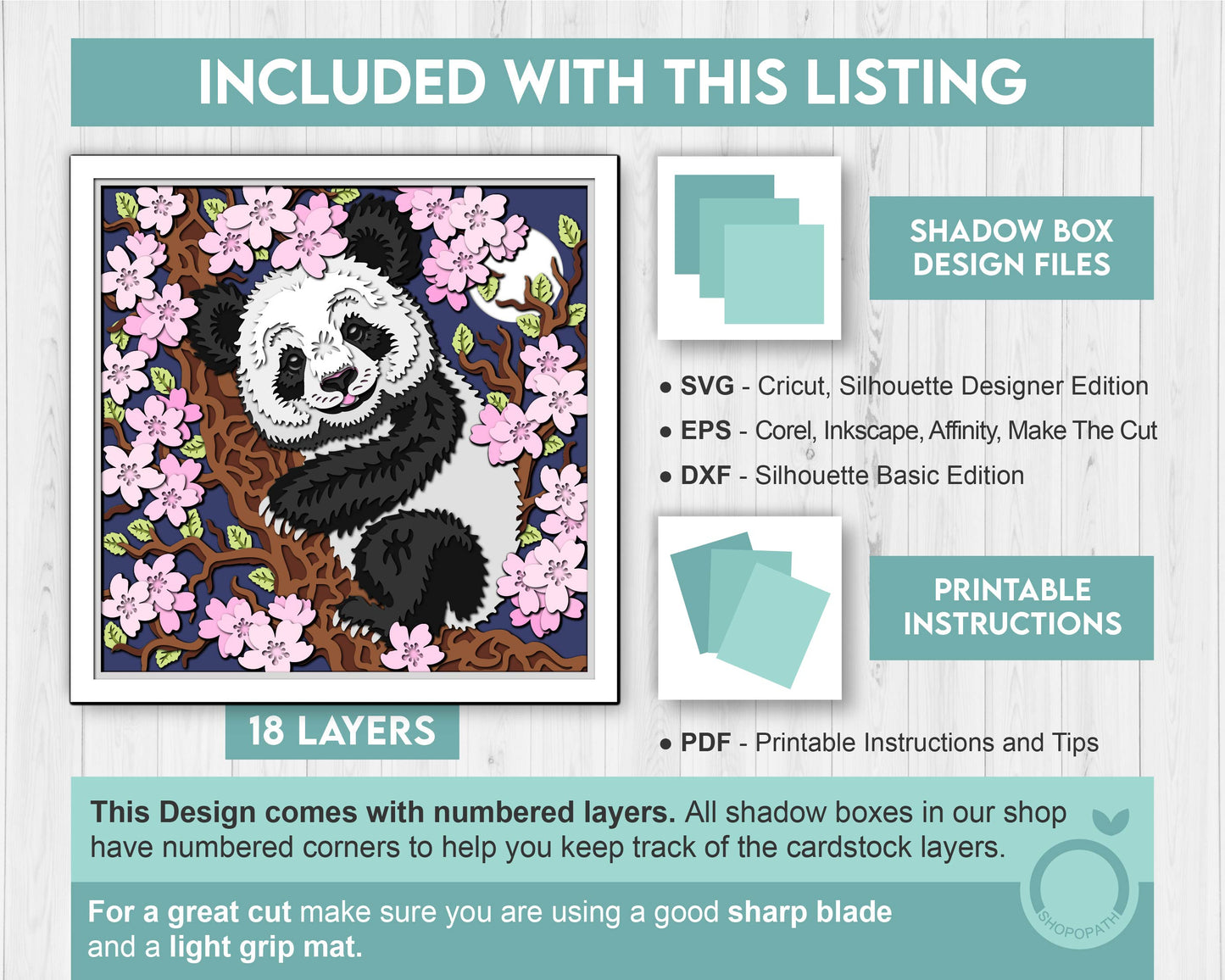 Panda With Cherry Blossom - 3D Shadow Box Layered SVG DXF EPS (Cutting Files)
