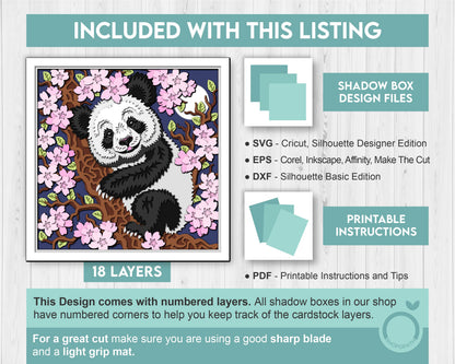 Panda With Cherry Blossom - 3D Shadow Box Layered SVG DXF EPS (Cutting Files)