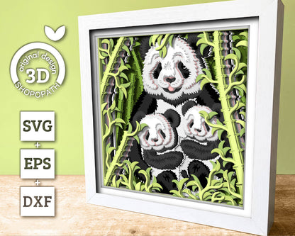 Mother Panda with Cubs - 3D Shadow Box Layered SVG DXF EPS (Cutting Files)