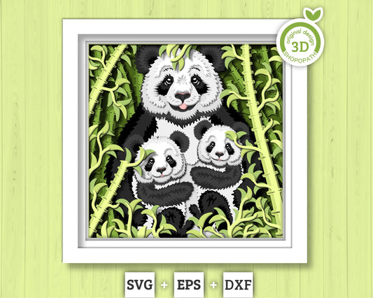 Mother Panda with Cubs - 3D Shadow Box Layered SVG DXF EPS (Cutting Files)