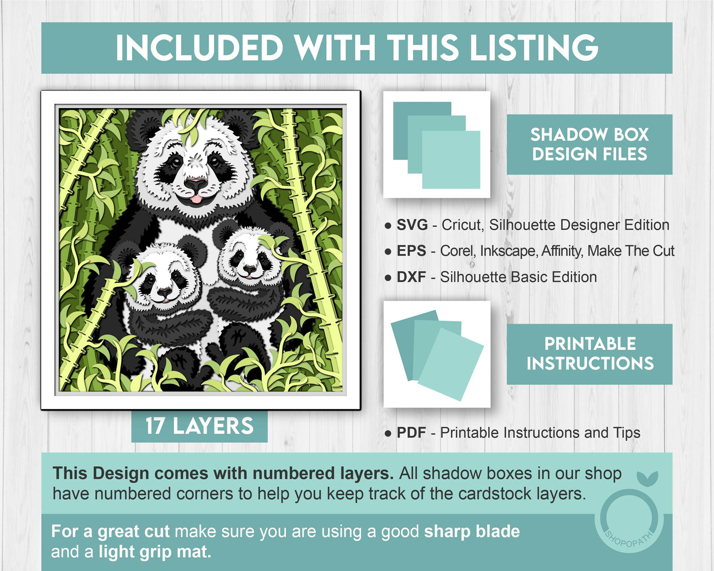 Mother Panda with Cubs - 3D Shadow Box Layered SVG DXF EPS (Cutting Files)