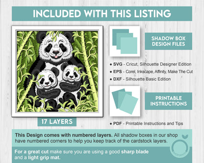 Mother Panda with Cubs - 3D Shadow Box Layered SVG DXF EPS (Cutting Files)