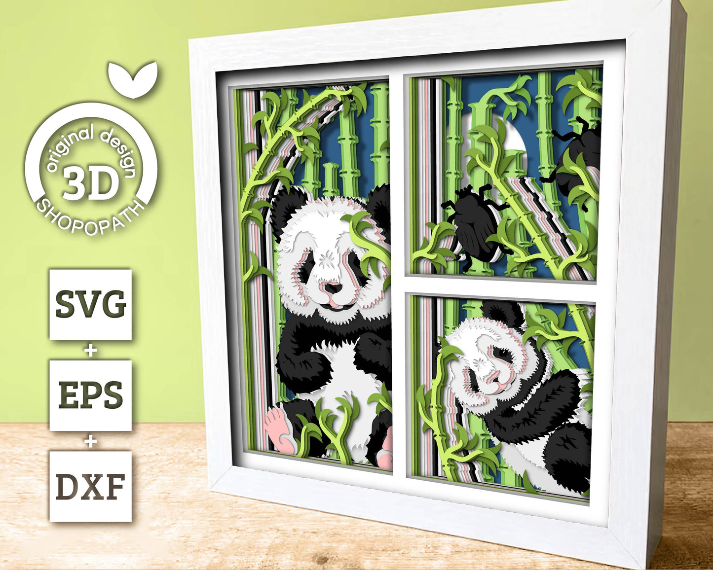 Panda Bears with Bamboo Panels - 3D Shadow Box Layered SVG DXF EPS (Cutting Files)