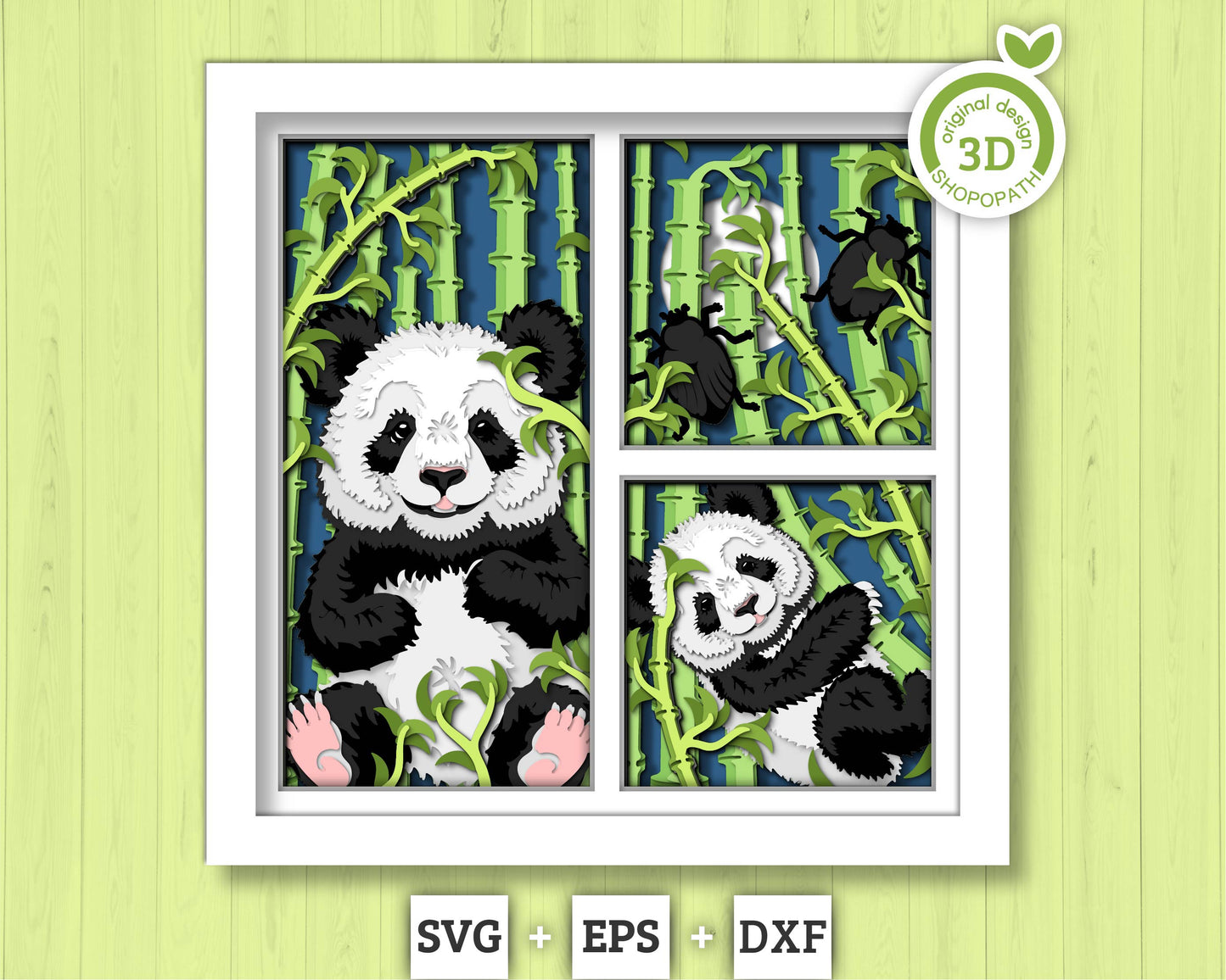 Panda Bears with Bamboo Panels - 3D Shadow Box Layered SVG DXF EPS (Cutting Files)